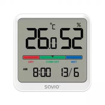 Sensore di temperatura e umidità per interni SAVIO CT-01/W, display LCD, -10–55 °C, 10–99 % rH, batteria CR2032
