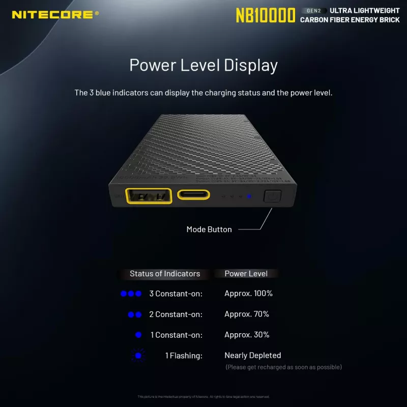 Powerbank portatile Nitecore NB10000 — 10000 mAh, USB‑A + USB‑C, uscita totale 38 W, grigio