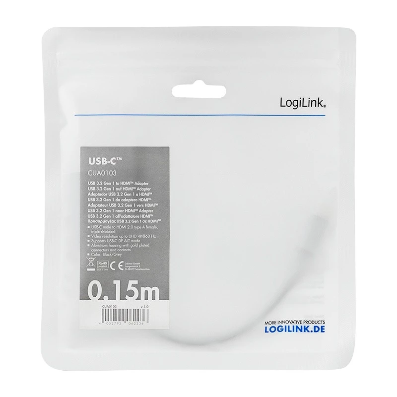 LogiLink CUA0103 cavo USB 3.2 Gen1 Type-C a HDMI-A 0,15 m nero grigio