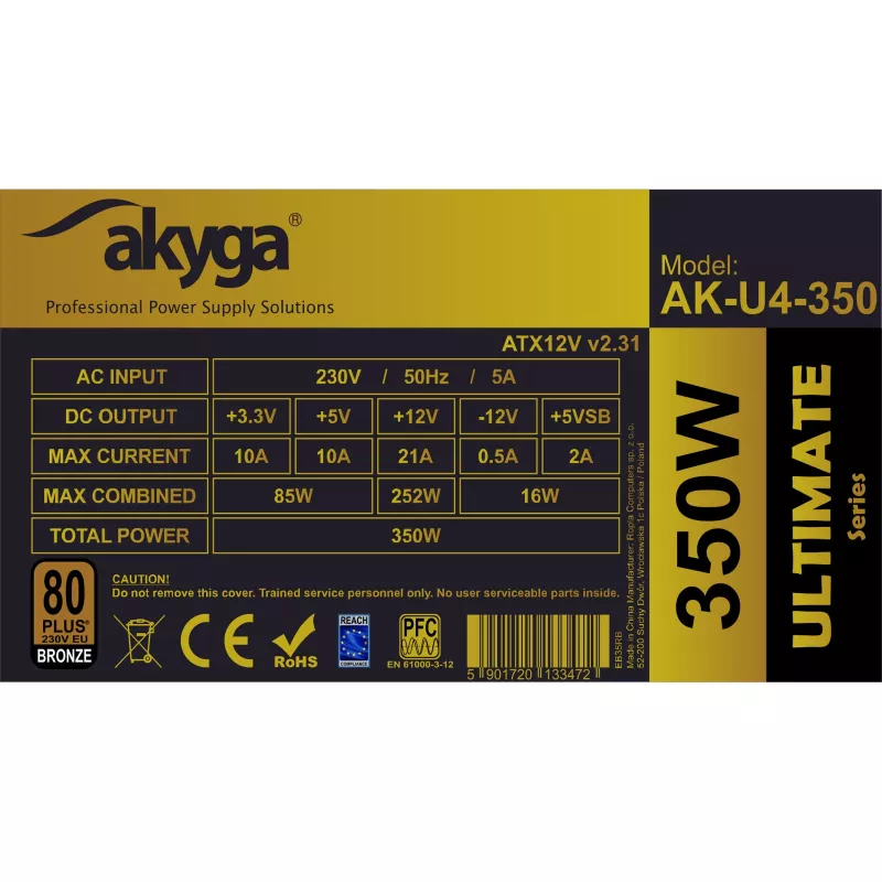 Alimentatore ATX Akyga AK-U4-350 Ultimate 350 W, 80 PLUS Bronze, PFC attivo, ventola 120 mm
