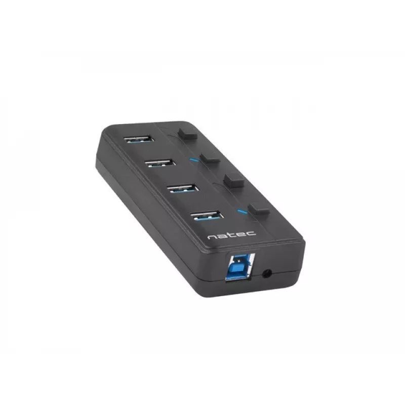 Natec Mantis 2 NHU-1557 hub USB 3.0 a 4 porte, ingresso USB Type-B, interruttori on/off, alimentatore, nero