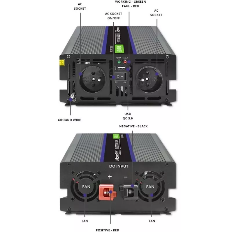 Inverter QOLTEC Monolith 3000 MS Wave, 12V→230V, 1500/3000W, con USB
