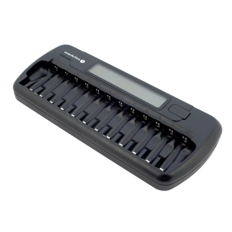 Caricabatterie everActive NC-1200 – caricabatterie universale a 12 vani per AA/AAA, ingresso 12 V, nero
