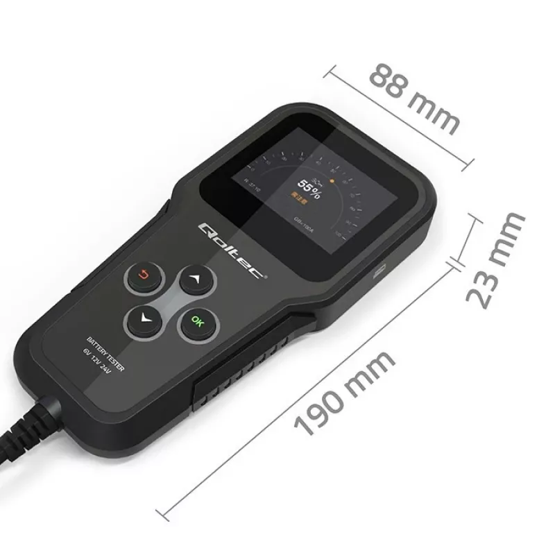 Qoltec 52489 analizzatore e tester digitale di batterie 3-in-1 con LCD e multilingua 6V | 12V | 24V | 30Ah-200Ah