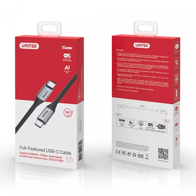 Cavo dati e di ricarica USB-C a USB-C Unitek C14082ABK 1 m, USB 3.2 Gen 2 (10 Gbit/s), 100 W PD, nero