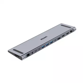 KVM-Switch Unitek D1106AGY01 docking station USB-C Triple 4K con KVM, 3x USB-A, 5x USB-C, HDMI×2, DP×1, RJ-45, lettore SD, 3840×2160@60Hz, alluminio