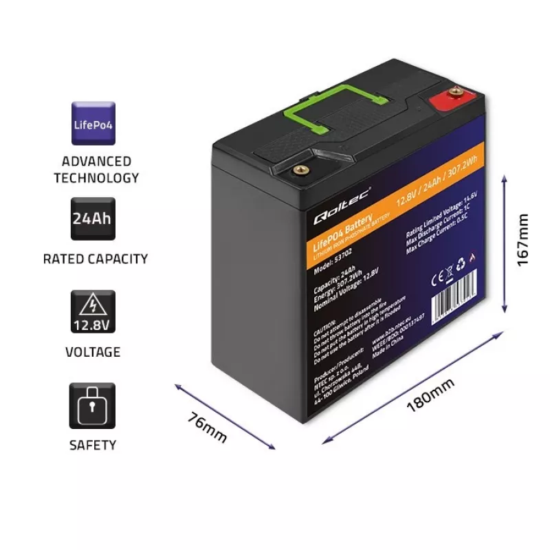 Qoltec 53702 batteria LiFePO4 litio-ferro-fosfato | 12,8V | 24Ah | 307,2Wh | BMS