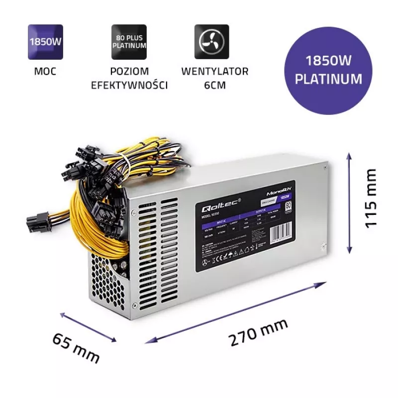Alimentatore Qoltec 50350 1850W PCI-E | 80 Plus Platinum | Gaming Miner