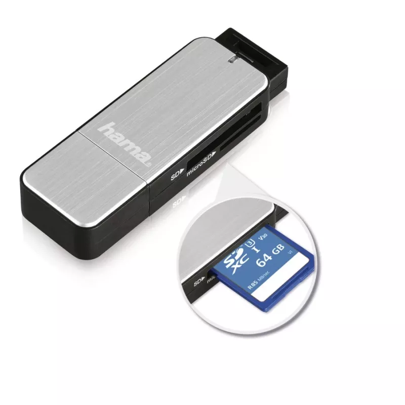 Hama 123900 lettore di schede USB 3.0 SD/microSD, alluminio, nero/argento