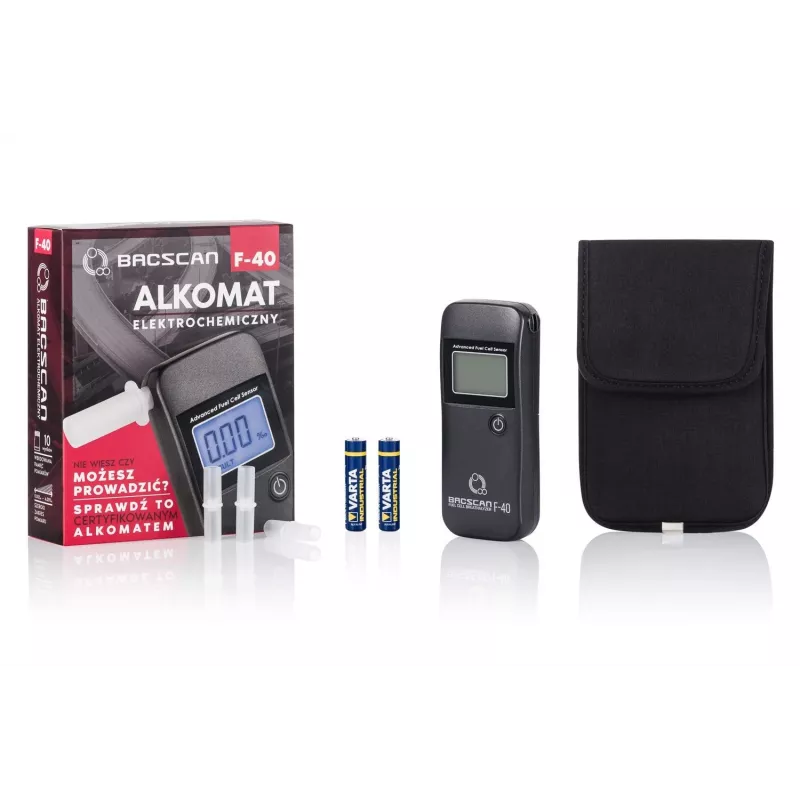 Etilometro BACscan F-40, senza contatto, BAC 0–4%, precisione 1%, tempo di riscaldamento 20s, LCD, batteria AAA×2