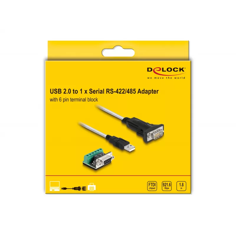 DeLOCK 63465 Adattatore da USB 2.0 Type-A a seriale RS-422/485, morsettiera a 6 pin, 1,8 m, nero/trasparente