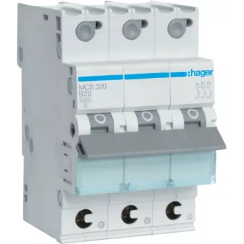 Hager MCS320. Corrente nominale: 20 A, frequenza di rete: 50/60, corrente di uscita nominale: 20 A. Tipo: caratteristica C, numero di moduli (max.): 3 moduli. Larghezza: 52,5 mm, profondità: 70 mm, altezza:
