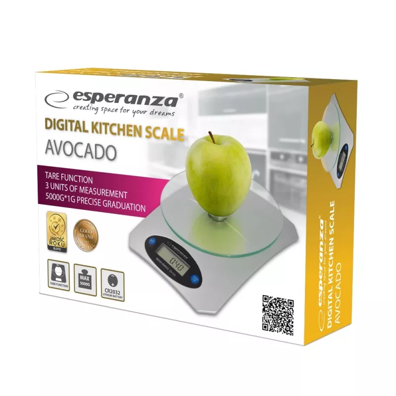 Bilancia da cucina elettronica ESPERANZA Avocado grigio — capacità 5 kg, piattaforma in bambù, unità g/lb/oz
