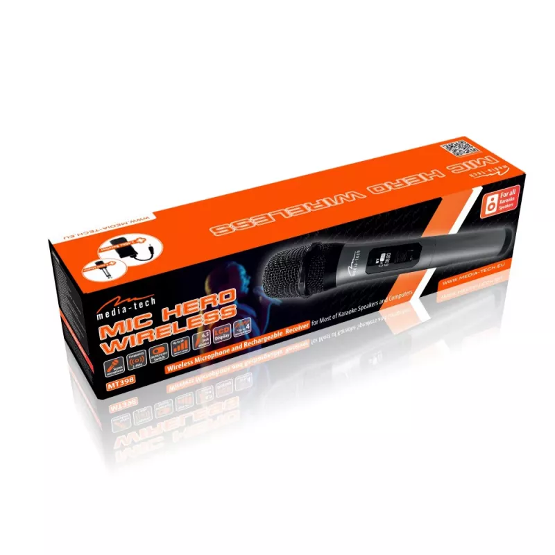 Microfono karaoke MEDIA-TECH MT398 wireless, USB-C, a batteria, portata 20 m, nero