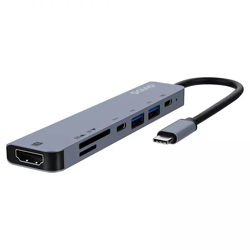 Hub USB Type-C SAVIO AK-82 con HDMI, MicroSD, USB 3.2 Gen1, PD pass-through, 4K@30Hz, 5000 Mbit/s, nero