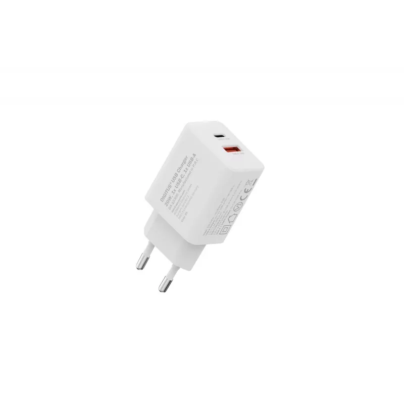 Caricabatterie USB AC DIGITUS 20W, 1x USB-C, 1x USB-A, ingresso 100–240V, bianco