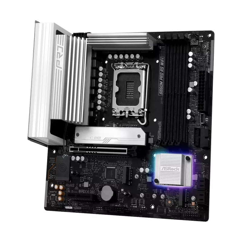 Scheda madre ASRock B860M Pro RS WiFi — Intel B860, LGA 1851, micro ATX, DDR5, 4 DIMM, 3x M.2, 2.5Gb LAN, Wi‑Fi, Bluetooth