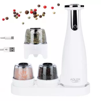 Set macina sale e pepe Adler AD 4449W acciaio bianco, macinino in ceramica, 150 ml, ricaricabile USB-C