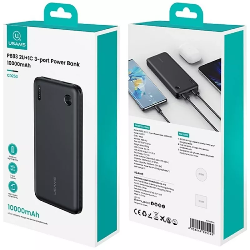 Powerbank usams PB83 10000mAh PD 2×USB-A USB-C bianco