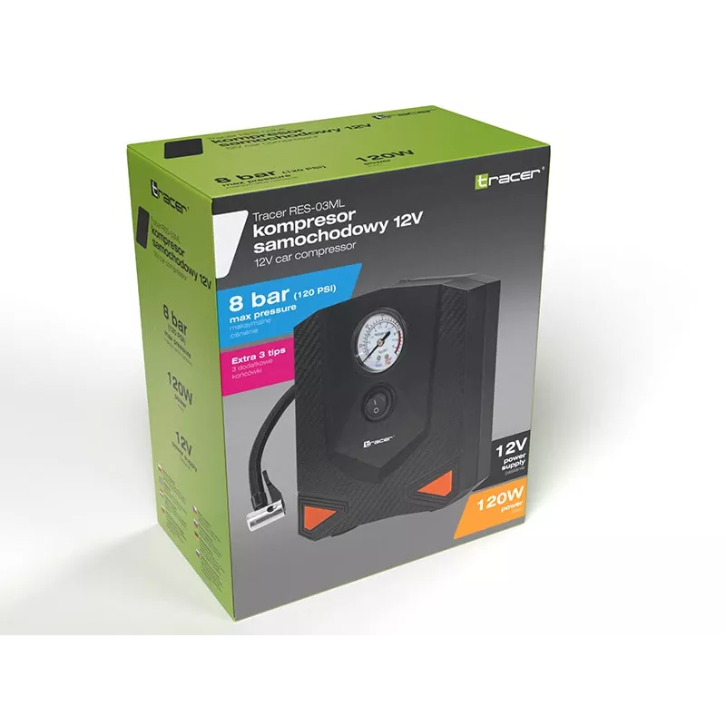 Pompa ad aria portatile TRACER RES-03ML 12V 150 PSI — gonfiatore per pneumatici auto, alimentazione 12 V