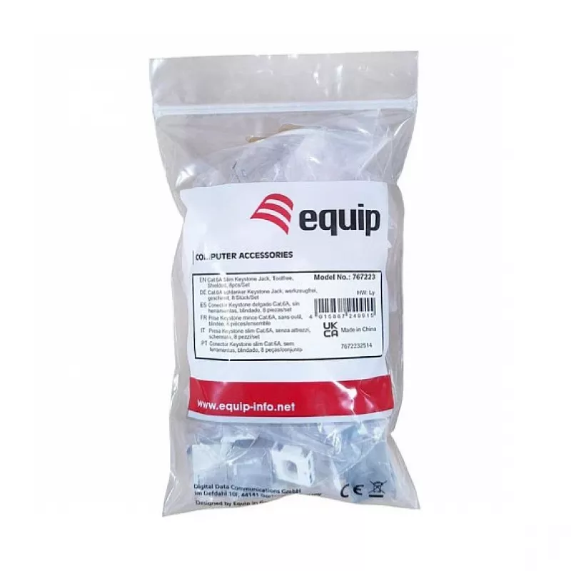 Jack Keystone Cat.6A schermato sottile, EQUIP 767223, senza attrezzi, RJ-45, piatto, argento, 8 pz.