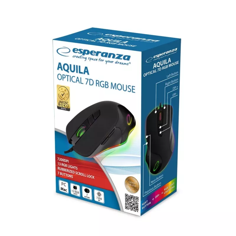 Mouse da gaming ottico cablato Esperanza EM132 Aquila, 7200 DPI, 7 pulsanti, RGB, per destrimani, USB