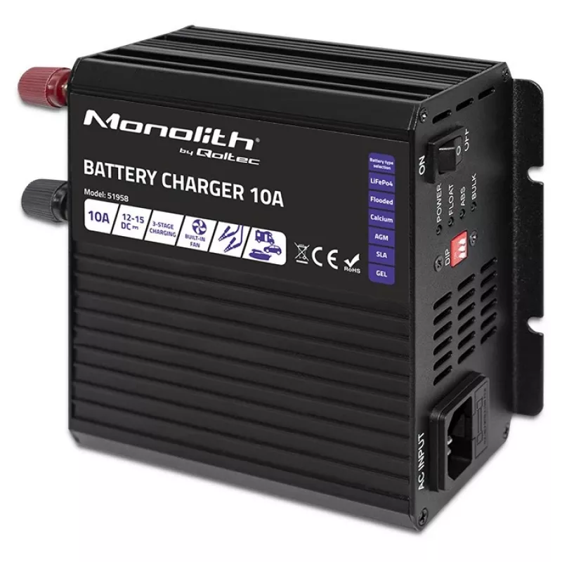 Caricabatterie smart Qoltec Monolith per batterie LiFePO4 AGM GEL SLA | 10A | 12V