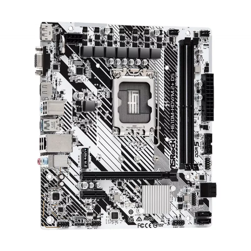 ASRock H610M-HDV/M.2+ D5 scheda madre, Intel H610, LGA 1700, Micro-ATX, 2x DDR5 DIMM (max 96 GB), PCIe 4.0 x16, 1x M.2, 4x SATA III, HDMI, DisplayPort, VGA, USB-C 3.2 Gen 1, Gigabit LAN