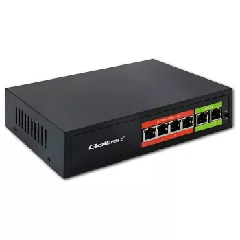 Switch Ethernet PoE QOLTEC 52289 — 4x porte RJ45 PoE, 2x RJ45 uplink, budget PoE 65W