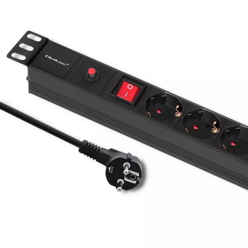 Qoltec 53993 PDU per rack da 19 pollici 1U con protezione da sovratensioni, 6x Schuko, 16 A, 2 m, nero