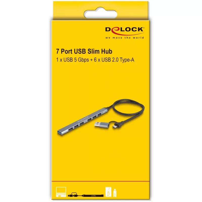 Delock 64273 hub USB sottile a 7 porte, USB Type-C o Type-A su 1x USB 5 Gbps Type-A + 6x USB 2.0 Type-A