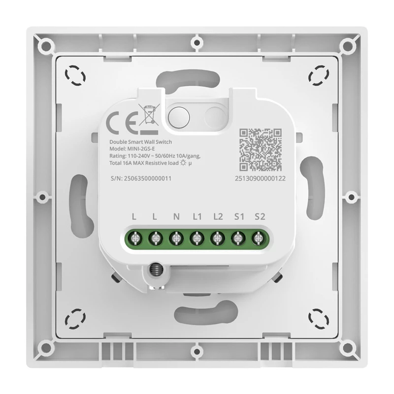 Interruttore smart da parete a due canali Sonoff MINI-2GS-E — relè compatto da incasso per due circuiti, compatibile Matter