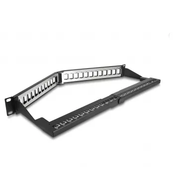 Patch Panel Keystone DeLOCK 19 pollici 24 porte con scarico di trazione 1HE angolato nero