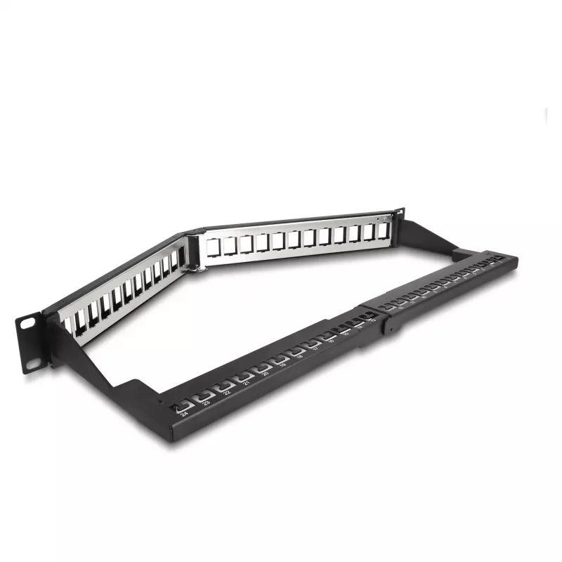 Patch Panel Keystone DeLOCK 19 pollici 24 porte con scarico di trazione 1HE angolato nero