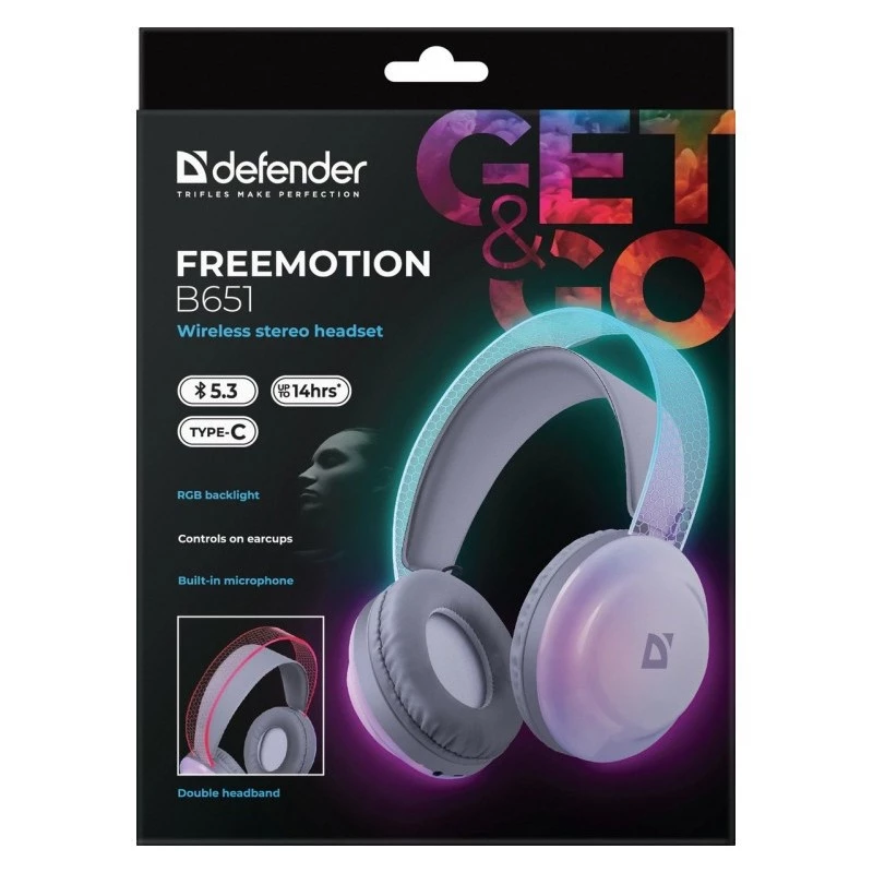Defender FreeMotion B651 63651 cuffie wireless on-ear, Bluetooth 5.3, retroilluminazione RGB, 20–20000 Hz, 105 dB, USB-C, AUX, bianche