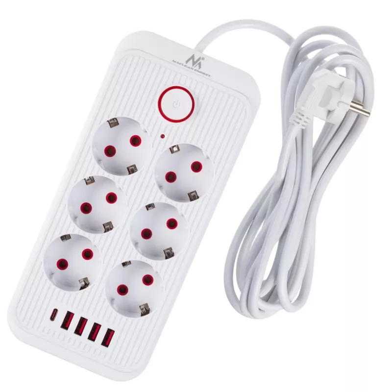 Ciabatta MACLEAN MCE391 W — 6 prese, 4×USB-A + 1×USB-C, cavo 3 m, 110–240 V, 2500 W, bianco