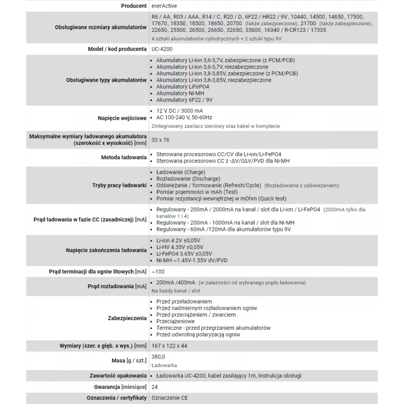 Caricabatterie everActive UC-4200 per batterie cilindriche Li-ion e Ni-MH