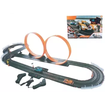 Pista automobilistica meccanica giocattolo Madej con due looping, set pista portatile con auto looping