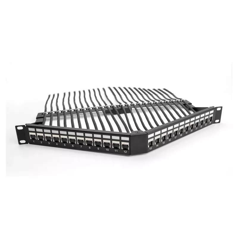 Patch Panel Keystone DeLOCK 19 pollici 24 porte con scarico di trazione 1HE angolato nero