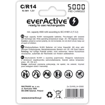 Batteria ricaricabile NiMH cilindrica everActive EVHRL14-5000, 1,2 V, 2 pz., altezza 51,5 mm