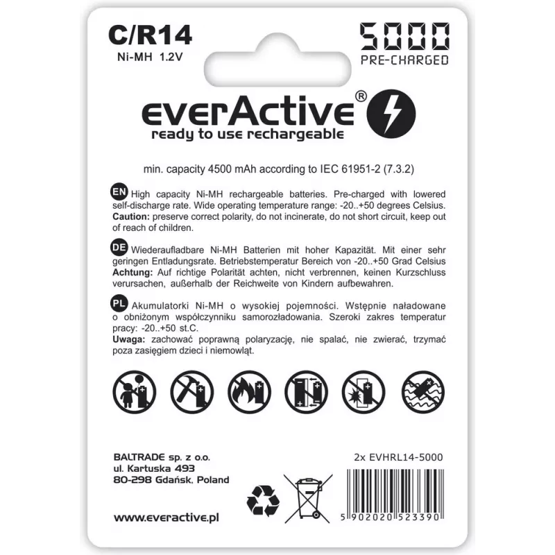 Batteria ricaricabile NiMH cilindrica everActive EVHRL14-5000, 1,2 V, 2 pz., altezza 51,5 mm