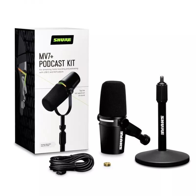 Shure MV7+-K-BNDL - microfono per parlato/canto con connessione XLR/USB-C, nero + stativo da tavolo GATOR