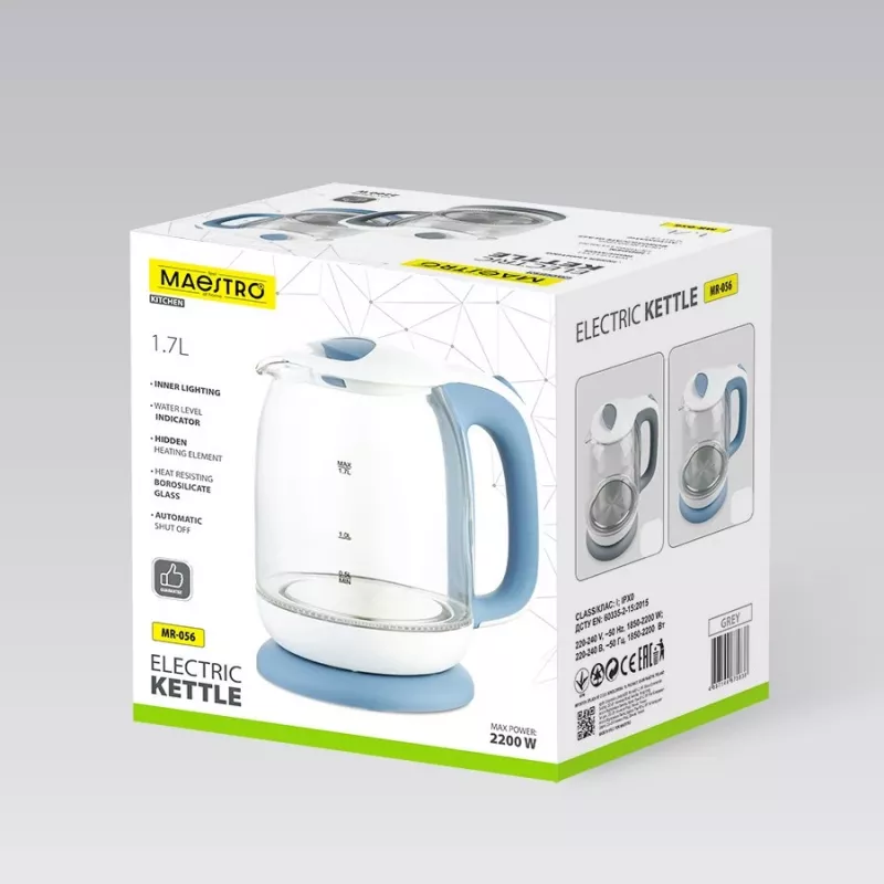 Bollitore elettrico in vetro Maestro MR-056-Grigio 1,7 L 2200 W