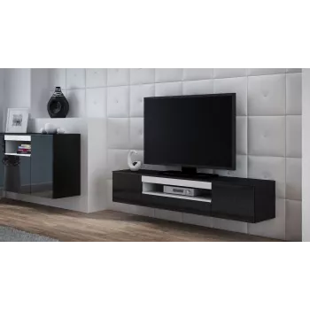 Mobile TV Cama Meble VIVA 180 — 1800×400×370 mm, piano superiore nero (truciolare), struttura nera, dettagli bianchi