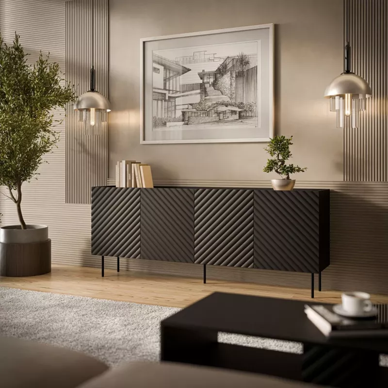Cassettiera cama meble LUCCA 4D, 200×40×80 cm, nera, struttura in truciolare