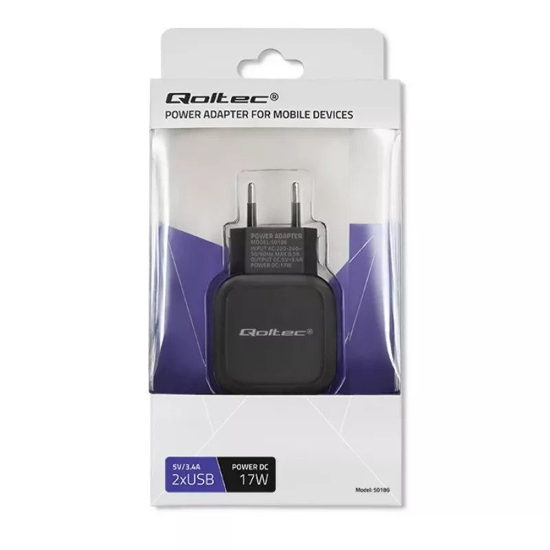 Caricatore da interno AC QOLTEC 50186 per smartphone e tablet, 5 V 3.4 A, 17 W, 2× USB, nero