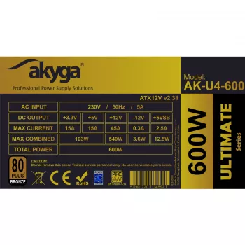 Akyga Ultimate AK-U4-600 alimentatore ATX 600 W, 80 PLUS Bronze, PFC attivo, ventola 120 mm