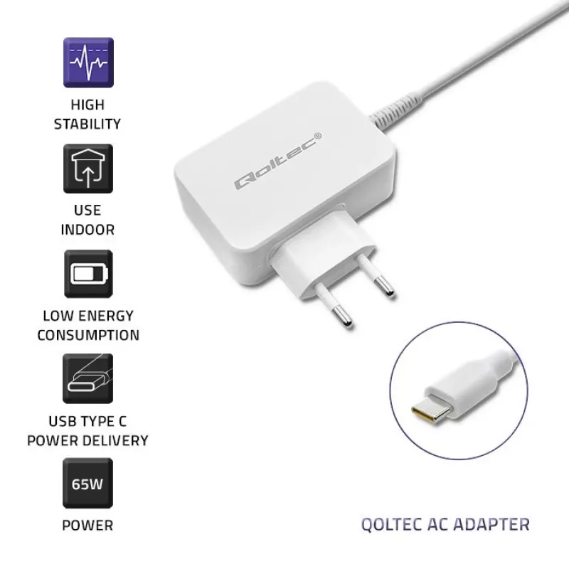 Qoltec 51039 alimentatore 65 W USB-C PD, 5–20,3 V, 2–3,25 A, cavo USB-C integrato, bianco