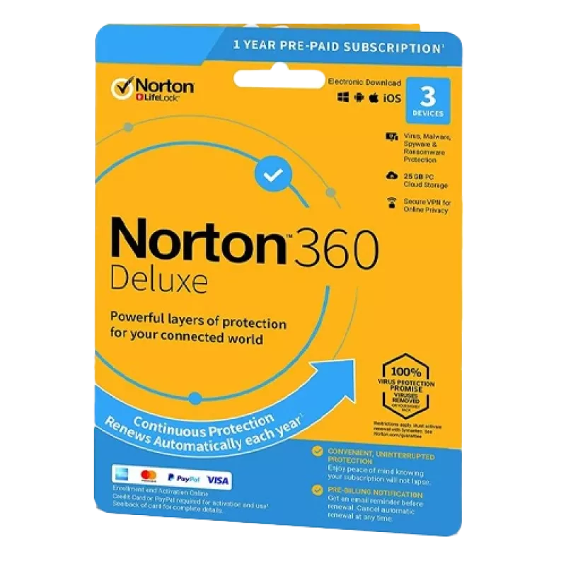 Norton 360 Deluxe | 3 dispositivi | 1 anno | 25 GB di spazio cloud | EU