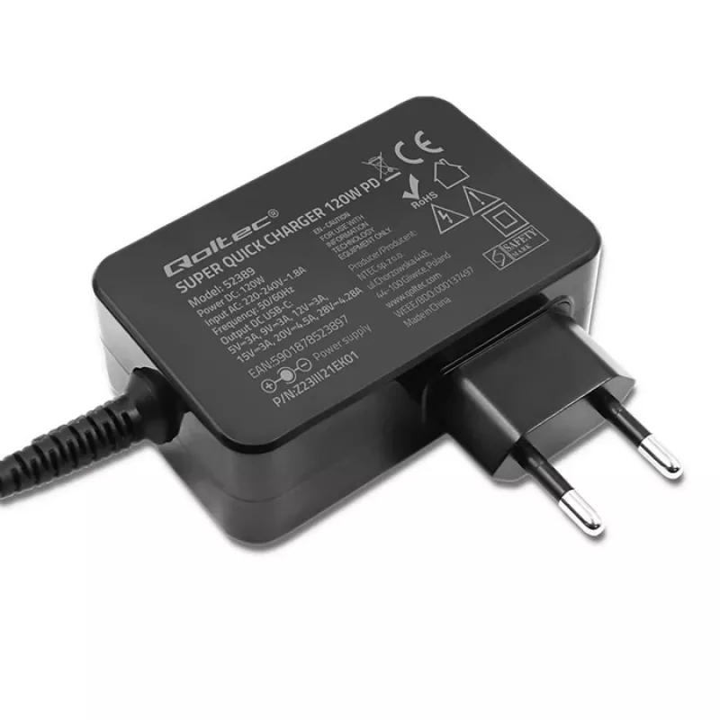 Qoltec PD 120W Turbo Fast Charger | 5-28V | 3-4.5A | USB-C | nero